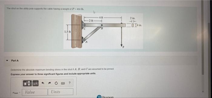 The Strut On The Utility Pole Supports The Cable Having A Weight Of P 450 Lb Y Part A Oma Pa Determine The Absolute Maxi 1