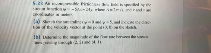 5 23 An Incompressible Frictionless Flow Field Is Specified By The Stream Function Y 5ax 2ay Where A 2 M S And X And 1