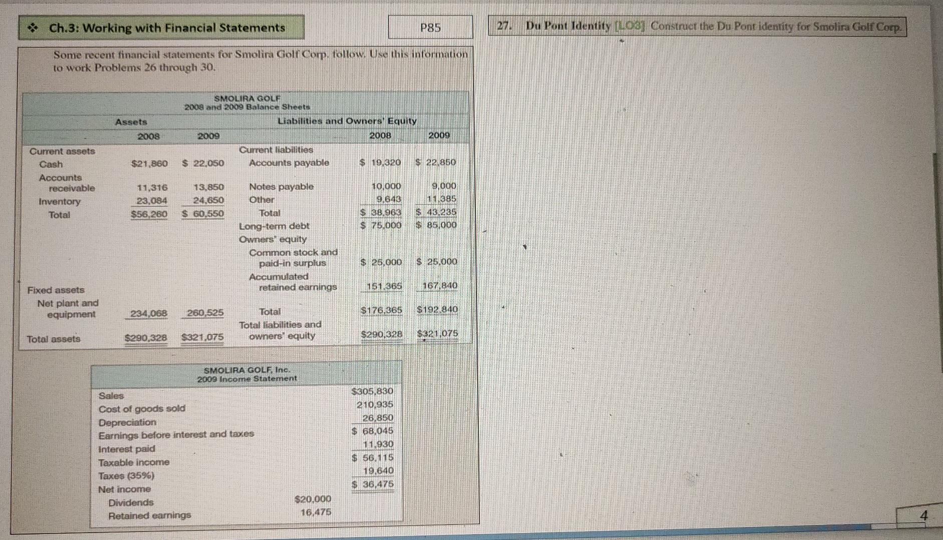 Ch 3 Working With Financial Statements P85 27 Du Pont Identity Los Construct The Du Pont Identity For Smolira Golf C 1