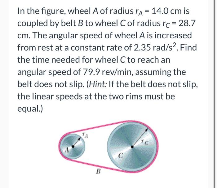 In The Figure Wheel A Of Radius A 14 0 Cm Is Coupled By Belt B To Wheel C Of Radius Rc 28 7 Cm The Angular Speed O 1