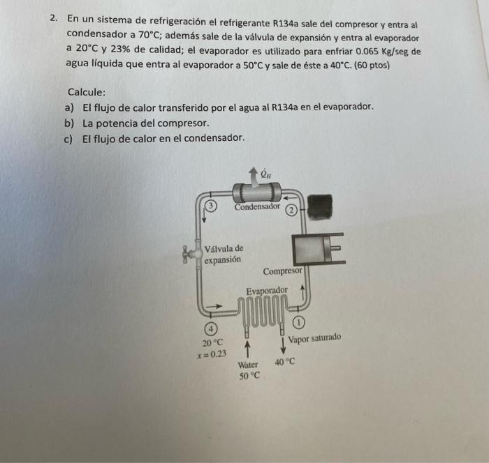 2 En Un Sistema De Refrigeracion El Refrigerante R134a Sale Del Compresor Y Entra Al Condensador A 70 C Ademas Sale De 1