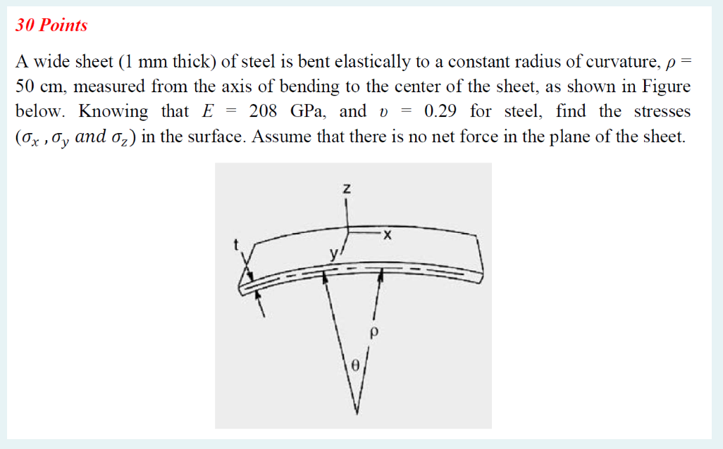 30 Points A Wide Sheet 1 Mm Thick Of Steel Is Bent Elastically To A Constant Radius Of Curvature P 50 Cm Measured Fr 1