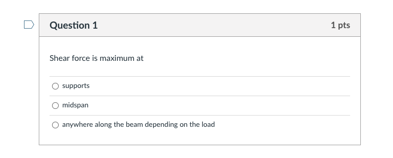 Question 1 Shear Force Is Maximum At Supports O Midspan O Anywhere Along The Beam Depending On The Load 1 Pts 1