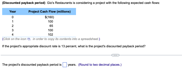 Discounted Payback Period Gio S Restaurants Is Considering A Project With The Following Expected Cash Flows Year Proj 1