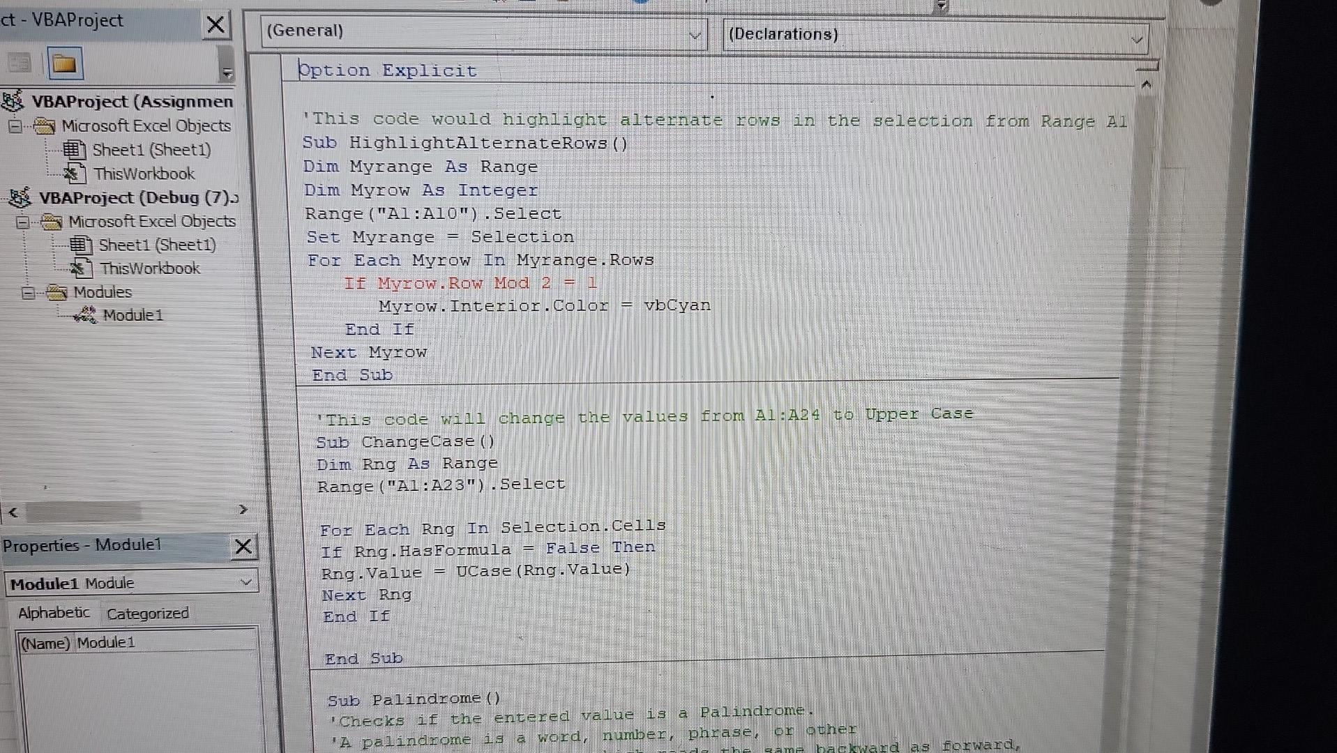 Ct Vbaproject Vbaproject Assignmen Microsoft Excel Objects Sheet1 Sheet1 Thisworkbook Vbaproject Debug 7 Microso 1