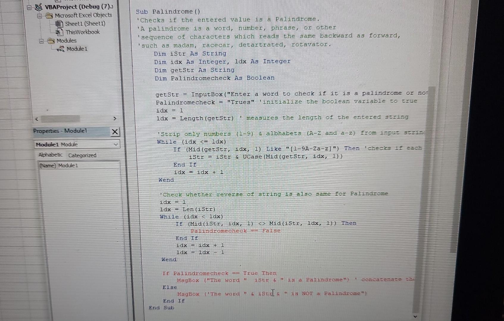 Ct Vbaproject Vbaproject Assignmen Microsoft Excel Objects Sheet1 Sheet1 Thisworkbook Vbaproject Debug 7 Microso 2