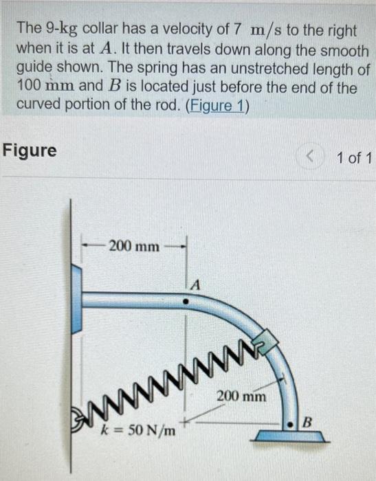 The 9 Kg Collar Has A Velocity Of 7 M S To The Right When It Is At A It Then Travels Down Along The Smooth Guide Shown 1