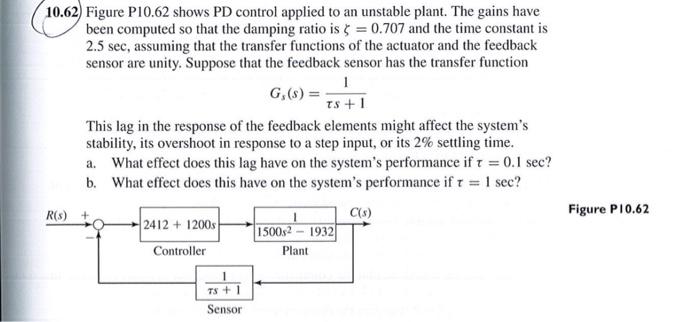 10 62 Figure P10 62 Shows Pd Control Applied To An Unstable Plant The Gains Have Been Computed So That The Damping Rat 1