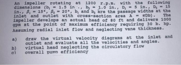 An Impeller Rotating At 1200 R P M With The Following Dimensions B 1 5 In B 1 0 In D 5 In D 15 In 1