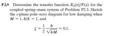 P29 Determine The Transfer Function X S F S For The Coupled Spring Mass System Of Problem P2 3 Sketch The S Plane Po 1