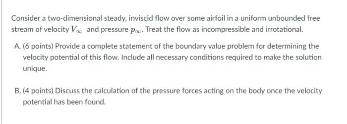 Consider A Two Dimensional Steady Inviscid Flow Over Some Airfoil In A Uniform Unbounded Free Stream Of Velocity V And 1