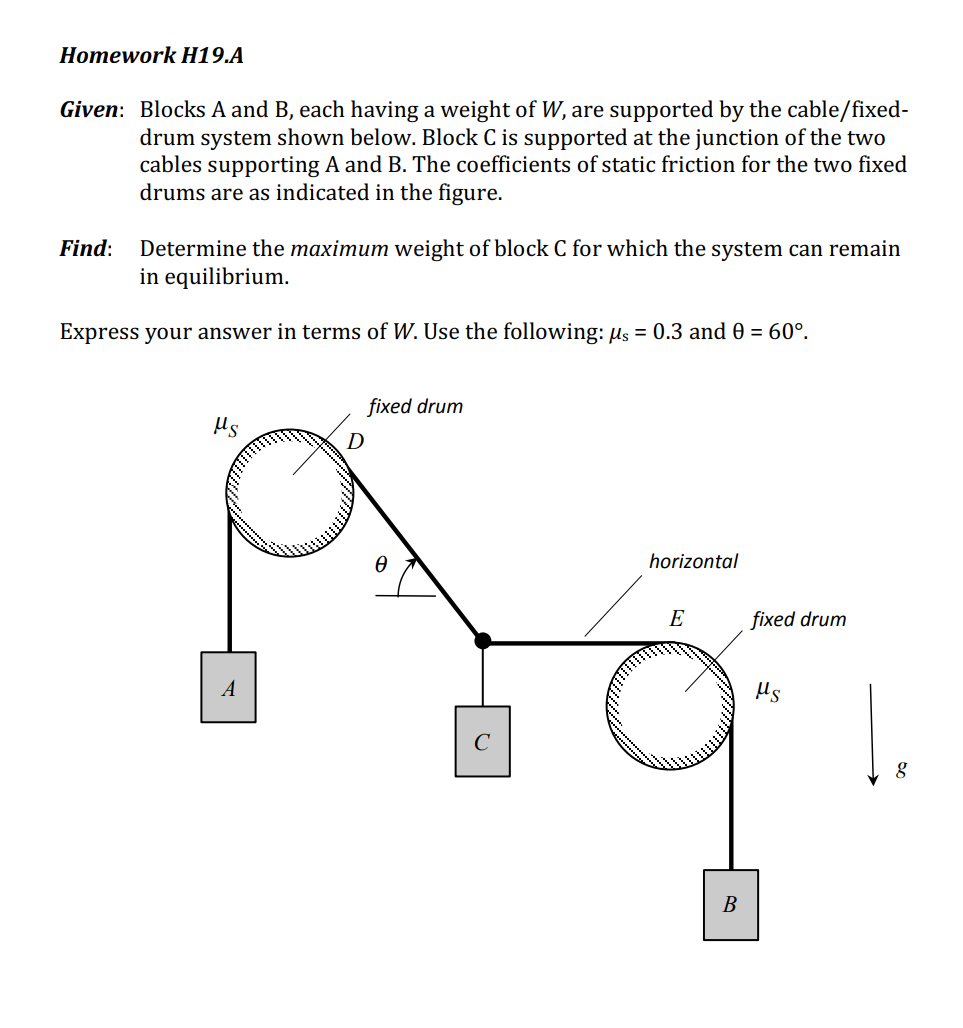 Homework H19 A Given Blocks A And B Each Having A Weight Of W Are Supported By The Cable Fixed Drum System Shown Bel 1