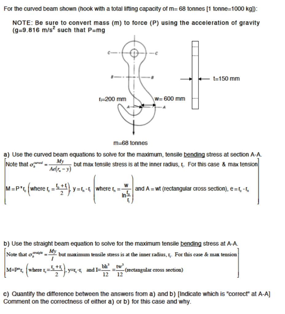 For The Curved Beam Shown Hook With A Total Lifting Capacity Of M 68 Tonnes 1 Tonne 1000 Kg Note Be Sure To Conve 1