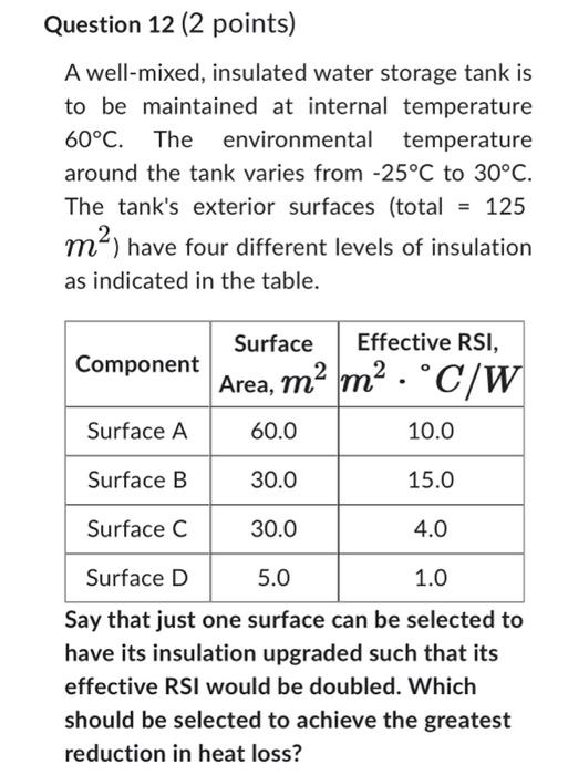 Question 12 2 Points A Well Mixed Insulated Water Storage Tank Is To Be Maintained At Internal Temperature 60 C The 1