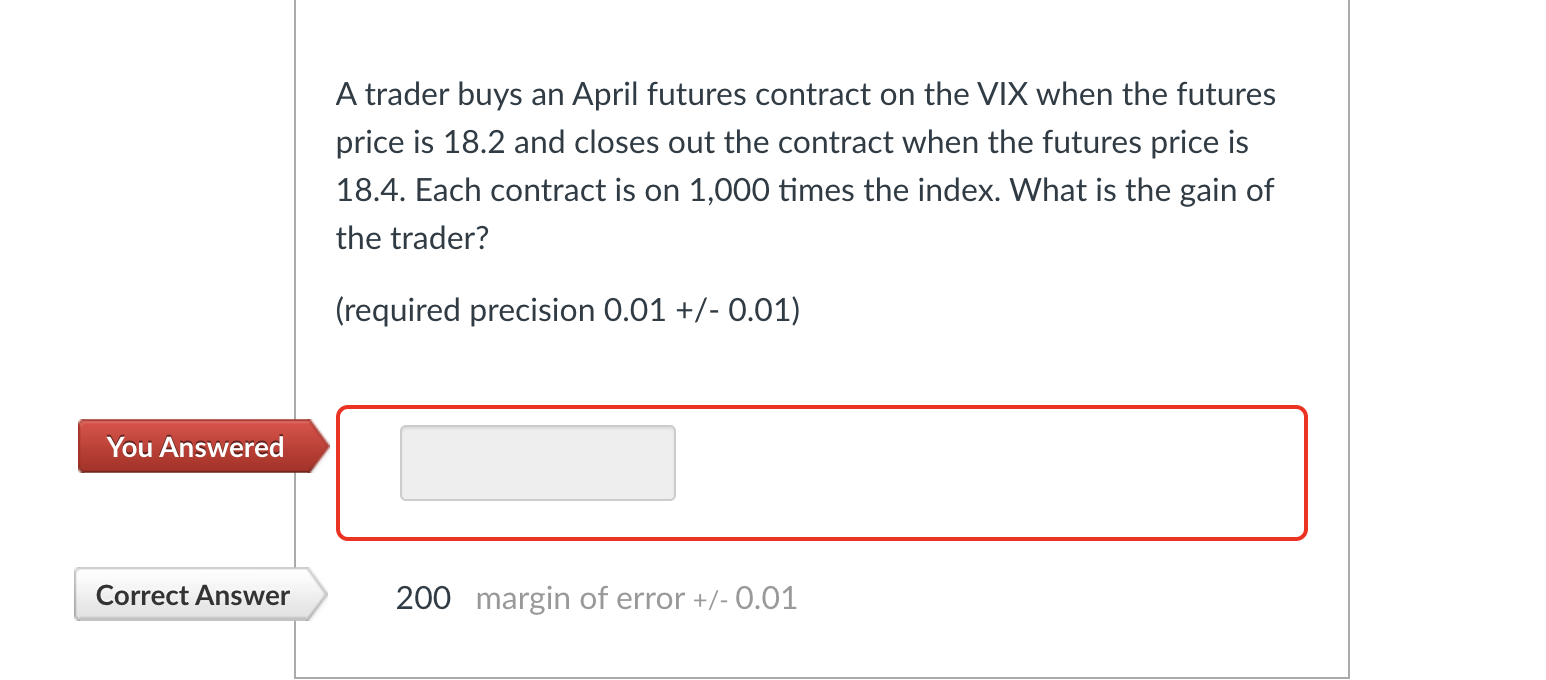 A Trader Buys An April Futures Contract On The Vix When The Futures Price Is 18 2 And Closes Out The Contract When The F 1