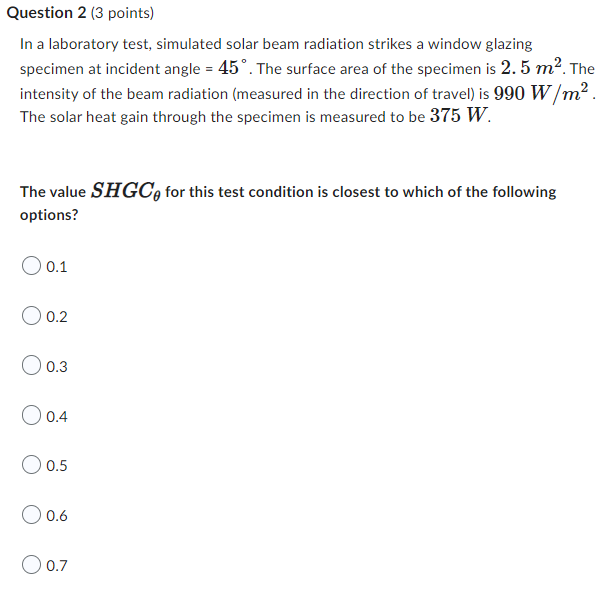 Question 2 3 Points In A Laboratory Test Simulated Solar Beam Radiation Strikes A Window Glazing Specimen At Incident 1