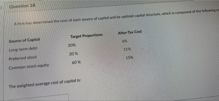 Question 18 A Nrm Has Determined The Cost Of Each Source Of Capital And Its Optimal Capital Structure Which Is Composed 2