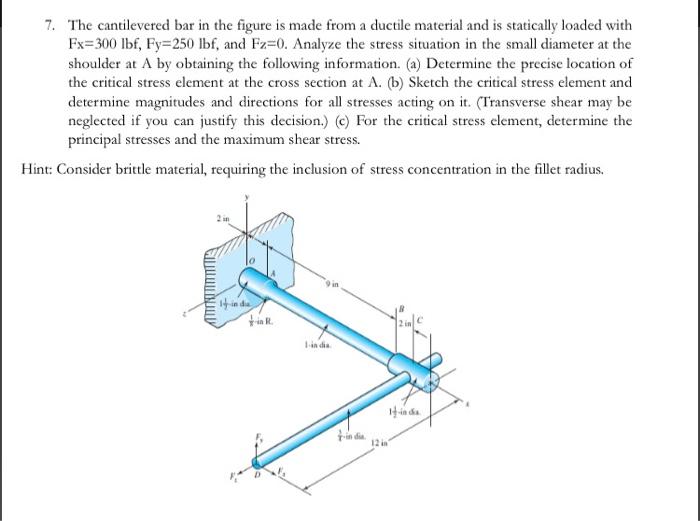 7 The Cantilevered Bar In The Figure Is Made From A Ductile Material And Is Statically Loaded With Fx 300 Lbf Fy 250 L 1