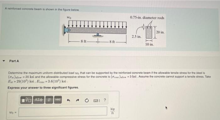A Reinforced Concrete Beam Is Shown In The Figure Below Part A Why 8 Ft Va211 Vec 8 Ft 0 75 In Diameter Rods Kip Ft 1
