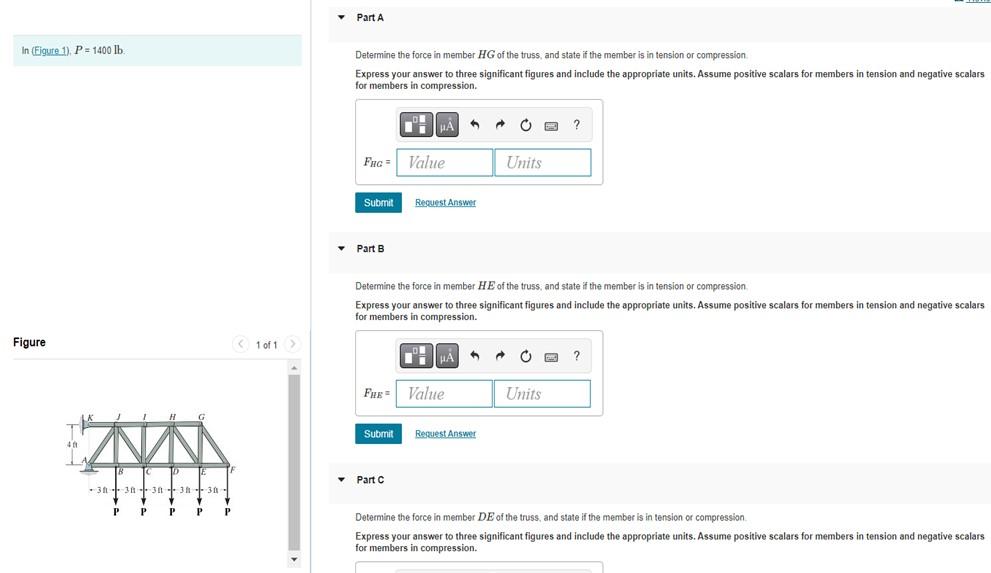 In Eigure 1 P 1400 Lb Figure 38 38 38 38 30 P P 1 Of 1 Y Part A Determine The Force In Member Hg Of The Truss A 1