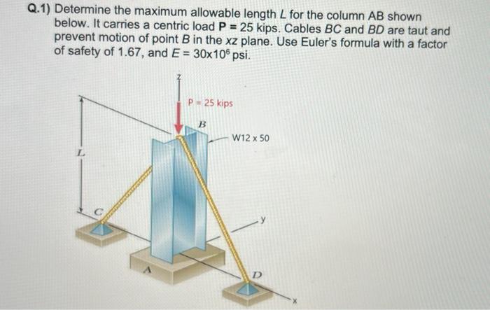 Q 1 Determine The Maximum Allowable Length L For The Column Ab Shown Below It Carries A Centric Load P 25 Kips Cabl 1