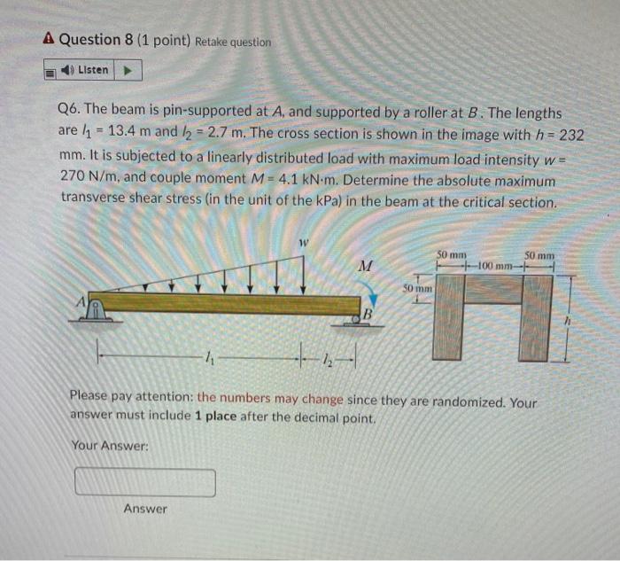 A Question 8 1 Point Retake Question Listen Q6 The Beam Is Pin Supported At A And Supported By A Roller At B Th 1