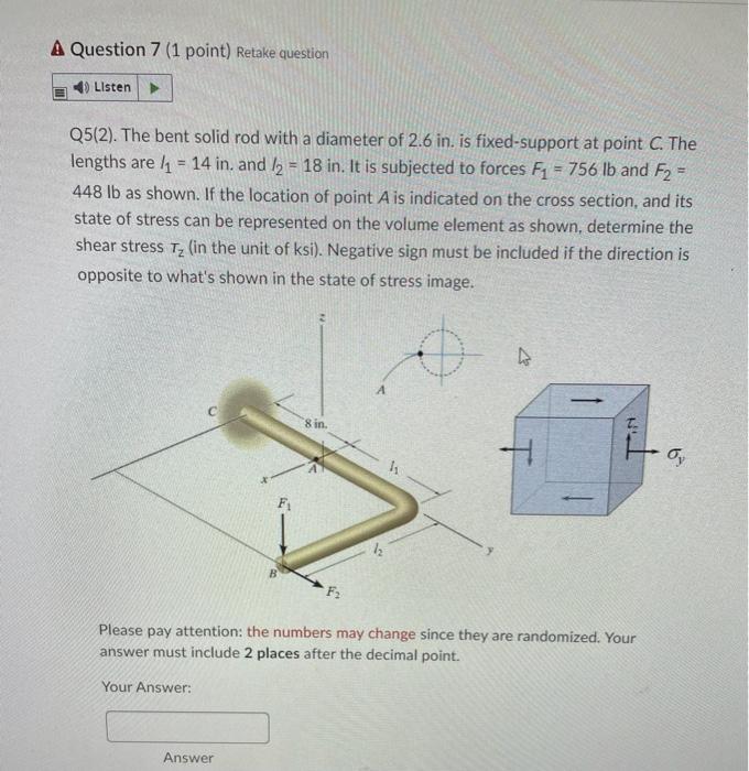 A Question 7 1 Point Retake Question Listen Q5 2 The Bent Solid Rod With A Diameter Of 2 6 In Is Fixed Support At P 1