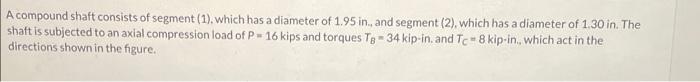 A Compound Shaft Consists Of Segment 1 Which Has A Diameter Of 1 95 In And Segment 2 Which Has A Diameter Of 1 3 1