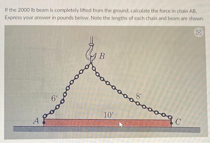 If The 2000 Lb Beam Is Completely Lifted From The Ground Calculate The Force In Chain Ab Express Your Answer In Pounds 1