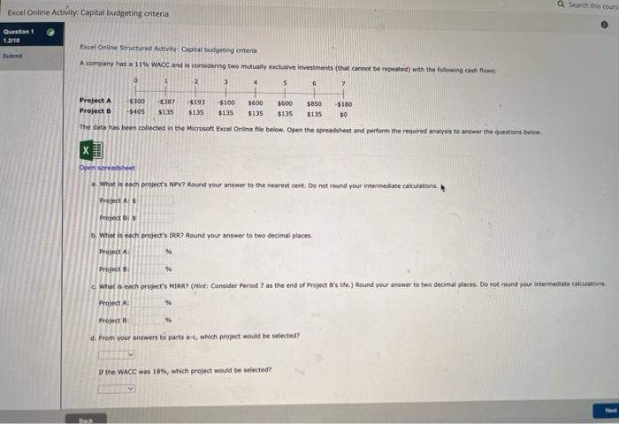 A Search This Count Excel Online Activity Capital Budgeting Criteria Question 1 1 2 10 Excel Online Structured Activity 1