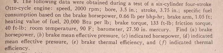 The Following Data Were Obtained During A Test Of A Six Cylinder Four Stroke Otto Cycle Engine Speed 2000 Rpm Bore 3 1