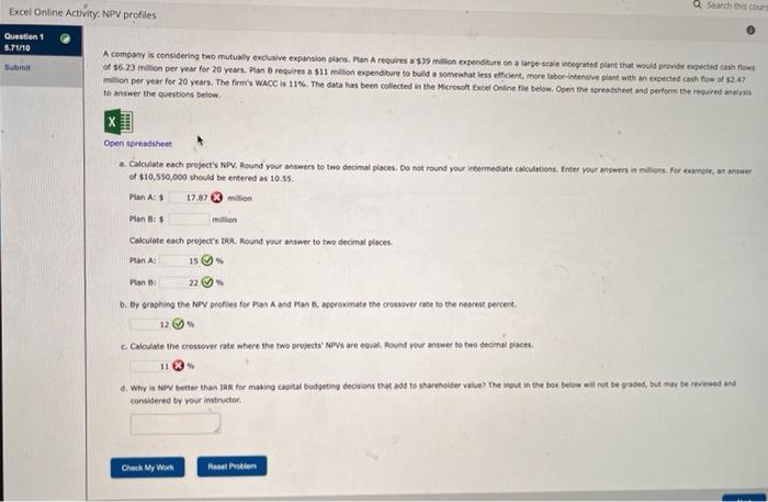 A Search This Cour Excel Online Activity Npv Profiles Question 1 5 71 10 Submit A Company Is Considering Two Mutually E 1