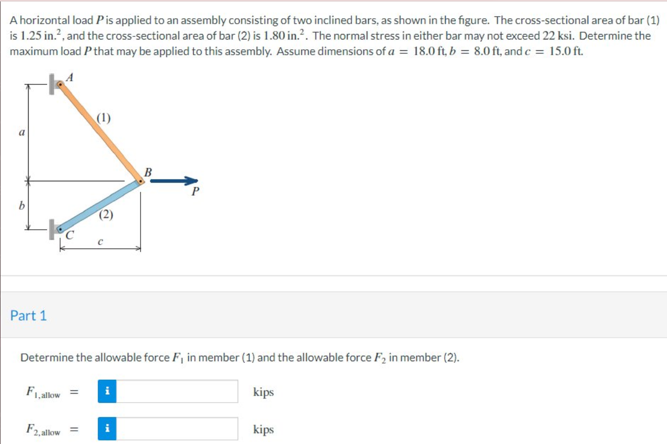 A Horizontal Load P Is Applied To An Assembly Consisting Of Two Inclined Bars As Shown In The Figure The Cross Section 1