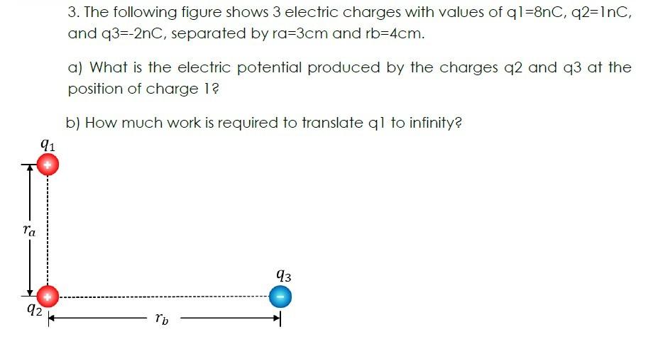 Ta 3 The Following Figure Shows 3 Electric Charges With Values Of Q1 8nc Q2 1nc And Q3 2nc Separated By Ra 3cm And 1