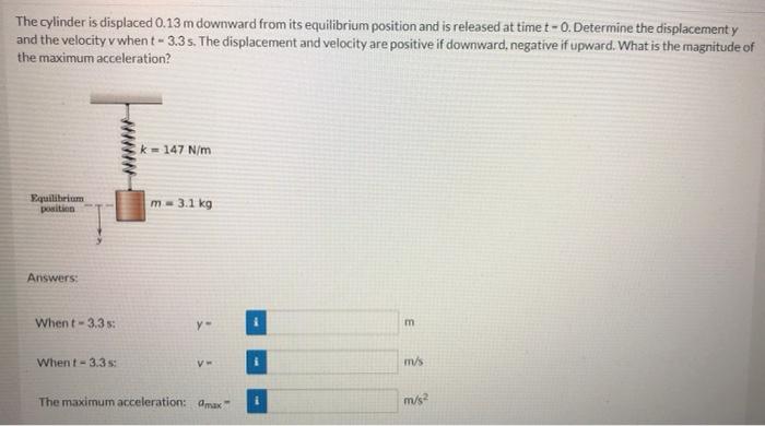 The Cylinder Is Displaced 0 13 M Downward From Its Equilibrium Position And Is Released At Time T 0 Determine The Displ 1
