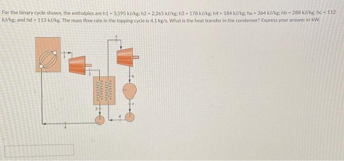 For The Binary Cycle Shown The Enthalpies Are H1 3 195 Kl Kg H2 2 265 Kj Kg H3 178 Kj Kg H4 184 Kj Kg Ha 364 Kj K 1