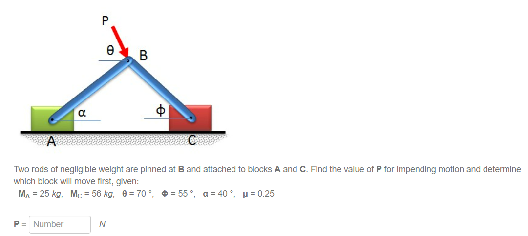 A P Number P Two Rods Of Negligible Weight Are Pinned At B And Attached To Blocks A And C Find The Value Of P For Imp 1