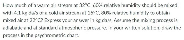 How Much Of A Warm Air Stream At 32 C 60 Relative Humidity Should Be Mixed With 4 1 Kg Da S Of A Cold Air Stream At 15 1