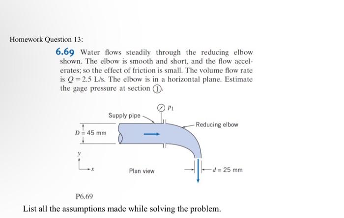 Homework Question 13 6 69 Water Flows Steadily Through The Reducing Elbow Shown The Elbow Is Smooth And Short And The 1