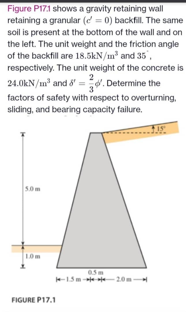 Figure P17 1 Shows A Gravity Retaining Wall Retaining A Granular C 0 Backfill The Same Soil Is Present At The Bott 1
