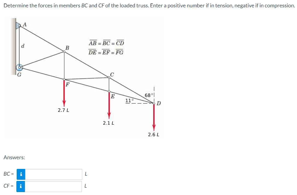 Please Answer This Asap Thank You Determine The Forces In Members Bc And Cf Of The Loaded Truss Enter A Positive Numb 1