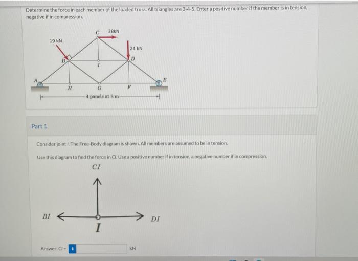 Determine The Force In Each Member Of The Loaded Truss All Triangles Are 3 4 5 Enter A Positive Number If The Member I 1