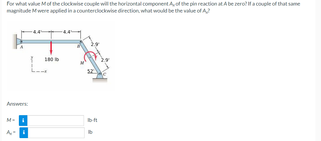 For What Value M Of The Clockwise Couple Will The Horizontal Component Ax Of The Pin Reaction At A Be Zero If A Couple 1