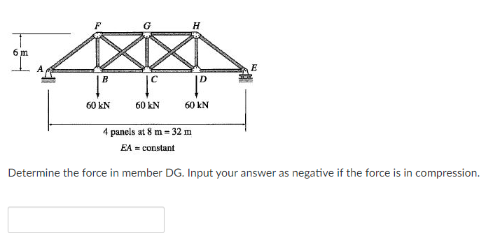 6 M B 60 Kn Q 60 Kn H P 60 Kn 4 Panels At 8 M 32 M Ea Constant E Determine The Force In Member Dg Input Your Answer 1