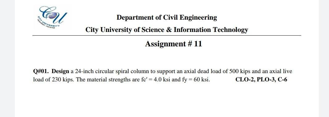 Cou Univer Sa Bity Pakistan Department Of Civil Engineering City University Of Science Information Technology Assignme 1