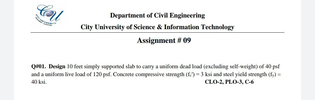 Cou Unive Paka Department Of Civil Engineering City University Of Science Information Technology Assignment 09 Q 01 1
