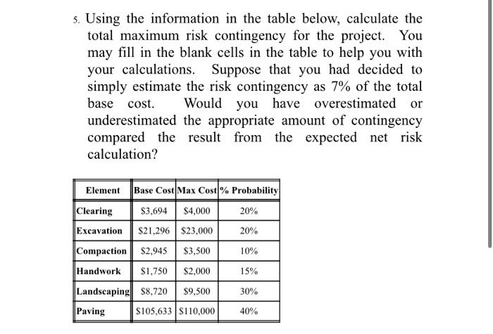 5 Using The Information In The Table Below Calculate The Total Maximum Risk Contingency For The Project You May Fill 1