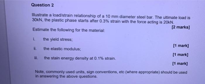 Question 2 Illustrate A Load Strain Relationship Of A 10 Mm Diameter Steel Bar The Ultimate Load Is 30kn The Plastic P 1