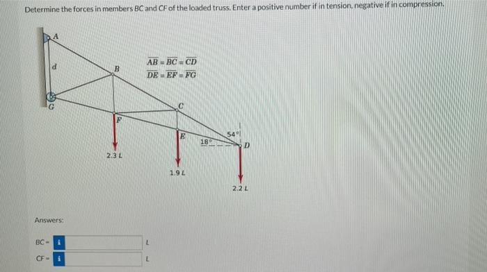 Determine The Forces In Members Bc And Cf Of The Loaded Truss Enter A Positive Number If In Tension Negative If In Com 1