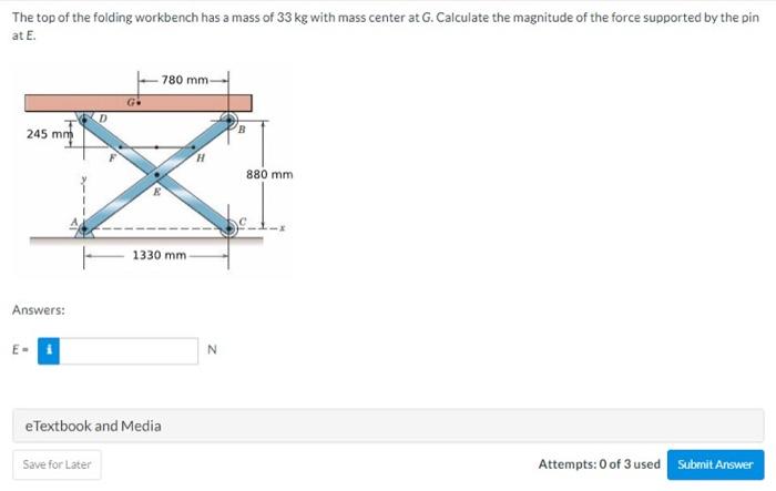The Top Of The Folding Workbench Has A Mass Of 33 Kg With Mass Center At G Calculate The Magnitude Of The Force Support 1